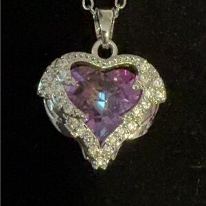 Sparkling Stainless Steel Heart Pendant Necklace with Purple Crystal